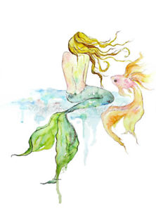 222x300 Mermaid Fish Wall Art Print Watercolor Painting Whimsical Beach
