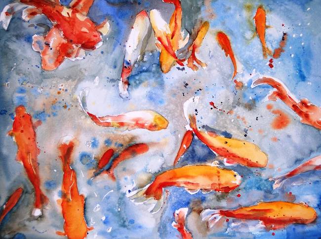 650x484 Mystical Waters, Watercolor Painting Koi Carp Fish By Miriam Schulman