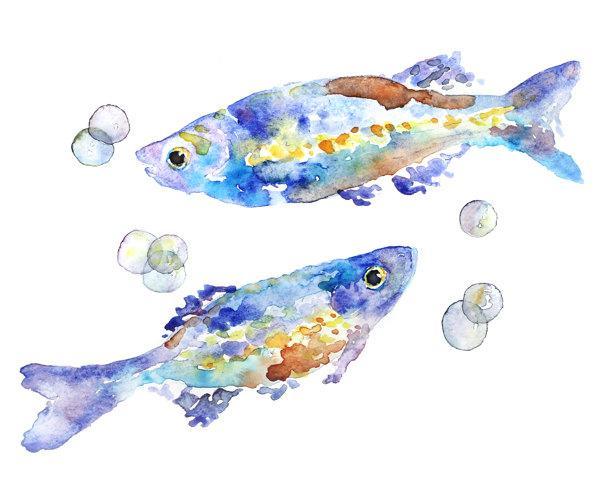 600x480 Watercolor Fish Print, Kids Bathroom Lighthearteddreamer