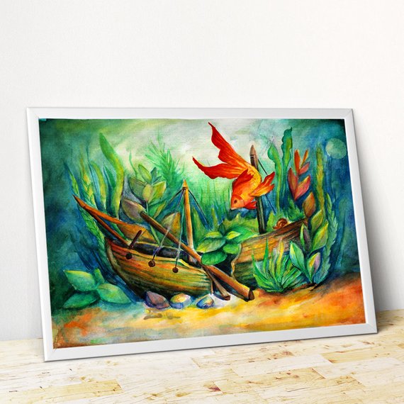 570x570 Fish Painting Watercolor Fish Art Aquarium Painting Golden Etsy
