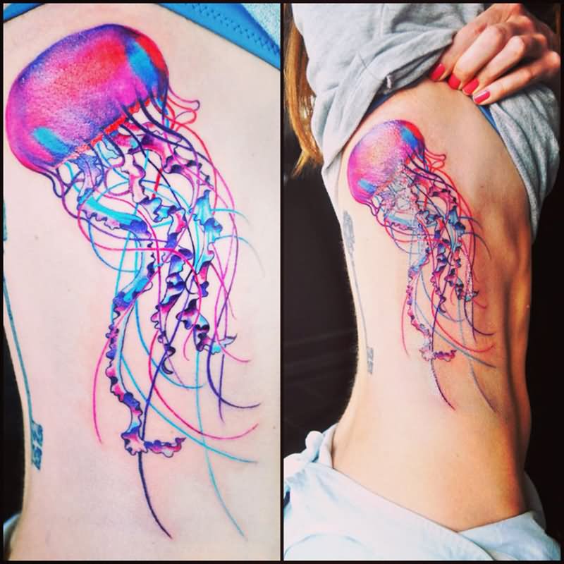 800x800 Watercolor Ocean Jelly Fish Tattoo On Girl Side Rib By Maddy