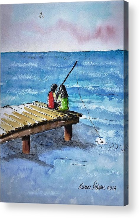 474x740 Kids Fishing Off The Dock Ink And Watercolor Painting Acrylic