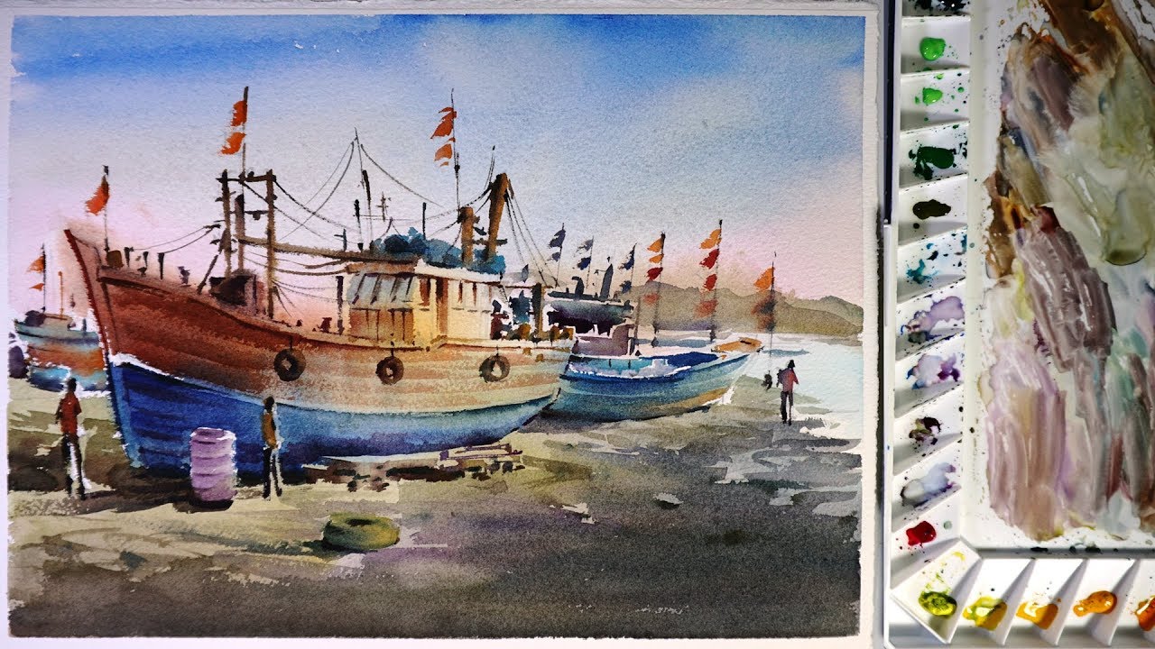1280x720 Watercolor Painting Fishing Boat In Port
