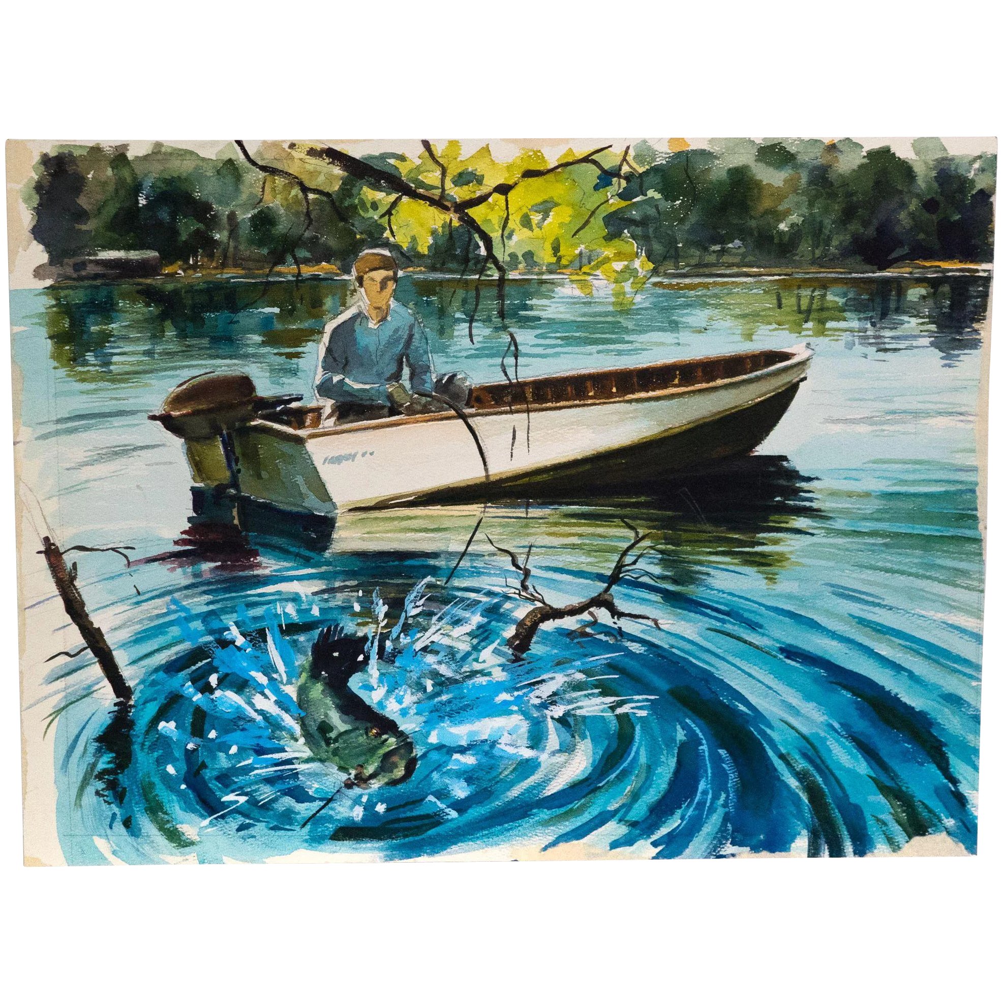 1973x1973 Colorful Original Vintage Watercolor Of Fisherman With A Big Catch