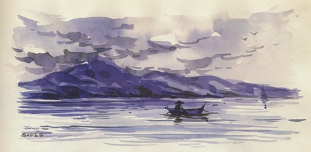 450x220 Drawing And Watercolor Of A Fisherman In The South China Sea