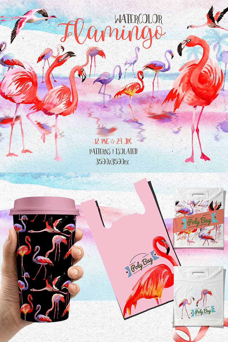 800x1200 Watercolor Pink Flamingo Png Set Illustration