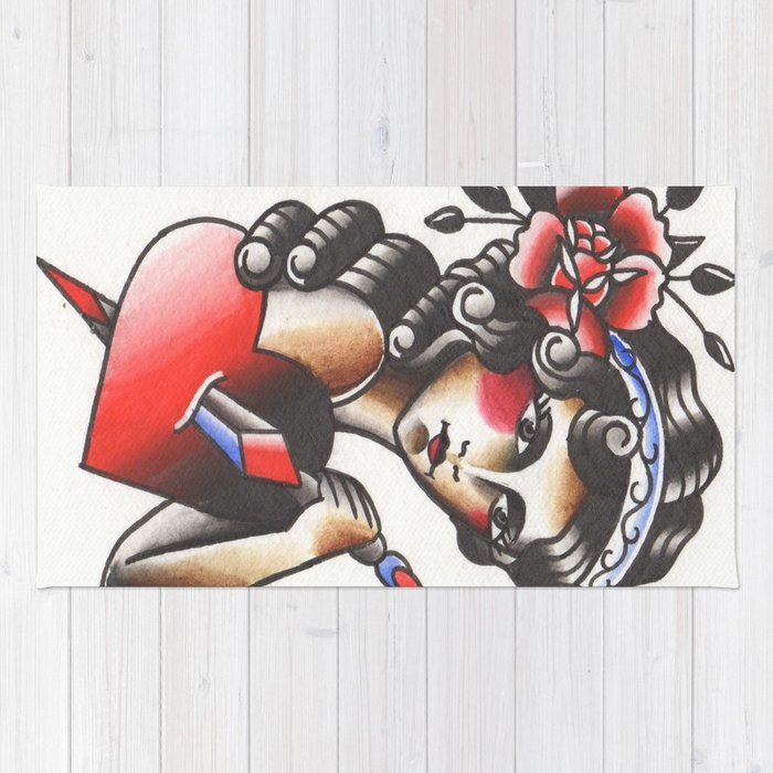 700x700 Girl With The Dagger Through The Heart Tattoo Flash Watercolor Rug