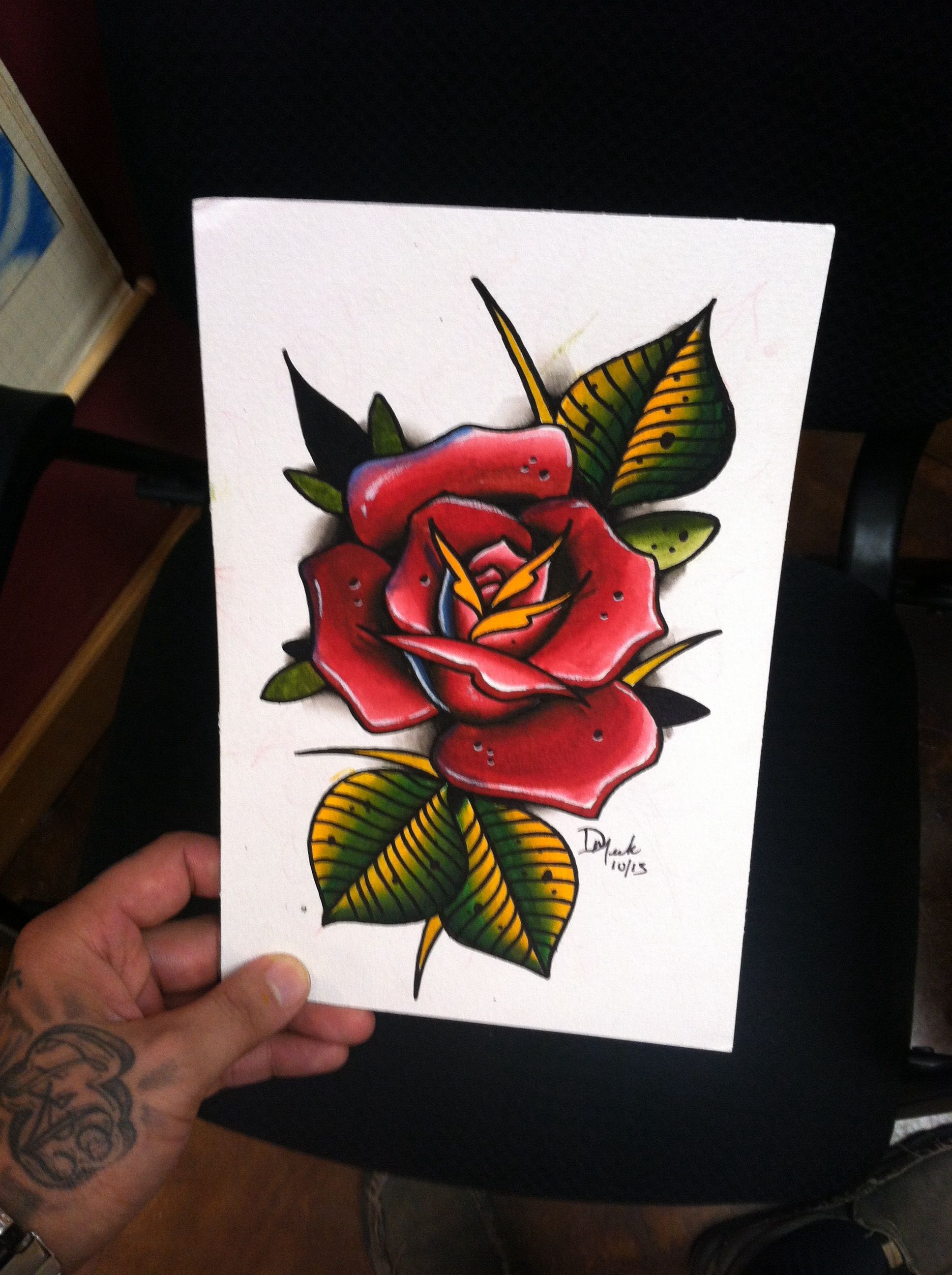 1936x2592 6x9 Original Spitshade Watercolor Rose Tattoo Flash Painting By