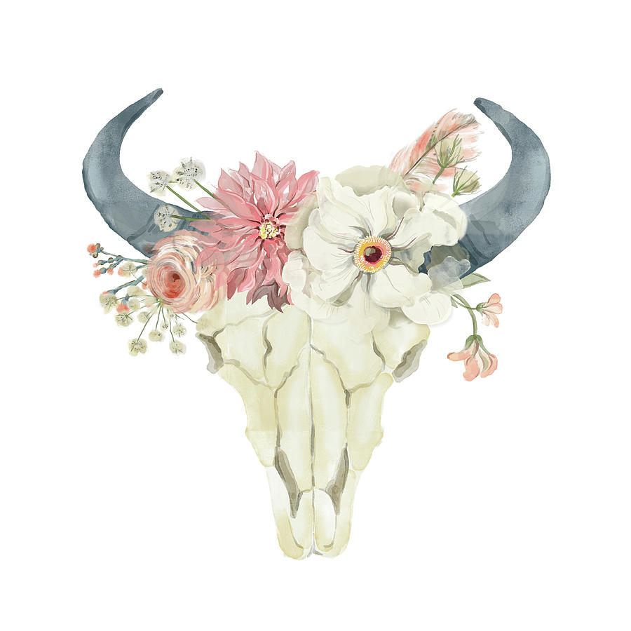 900x900 Boho Bull Skull Watercolor Floral Anemone Tribal Decor Digital Art
