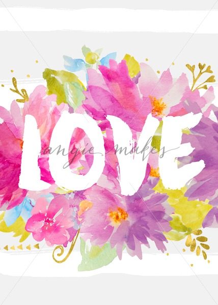 428x600 Cute Love Art Print With Watercolor Flowers. Printable Artwork