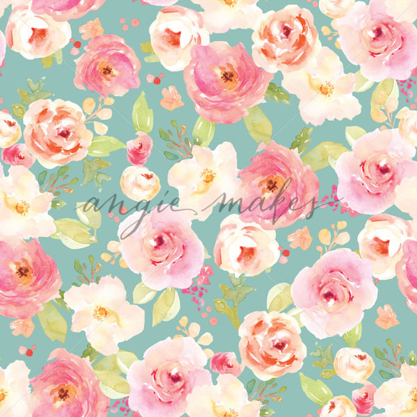 600x600 Teal Blue Watercolor Flower Background Pattern
