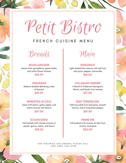 425x550 Peach And White Watercolor Floral Border French Menu