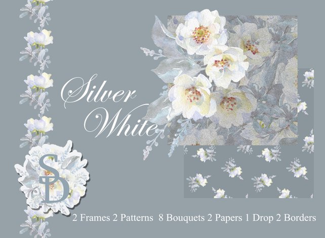 642x471 Silver White Border Frame Printable Watercolor Bouquet Png Etsy
