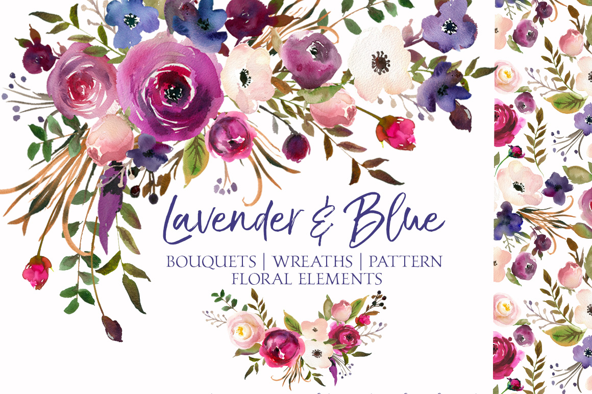 1160x772 Lavender And Blue Pink Purple Watercolor Floral Clip Art By