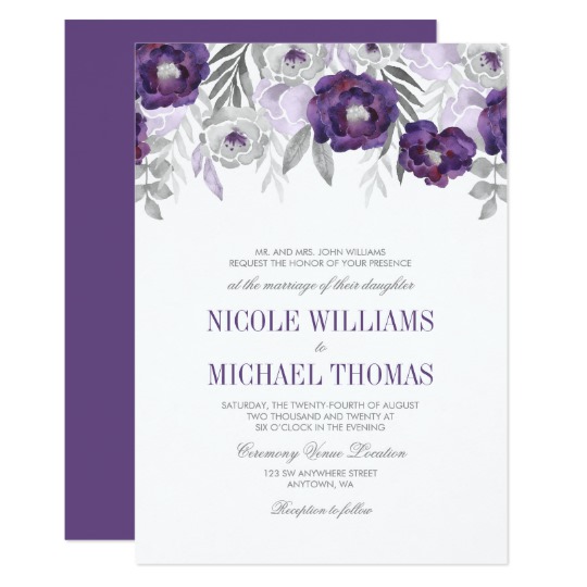 540x540 Purple Gray Watercolor Flowers Wedding Invitations