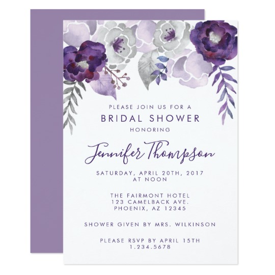 540x540 Purple And Silver Watercolor Floral Bridal Shower Invitation
