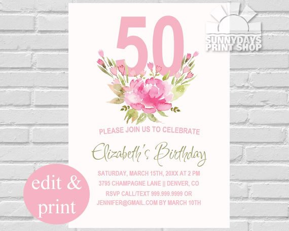 570x457 Watercolor Floral 50th Birthday Invitation 50th Birthday