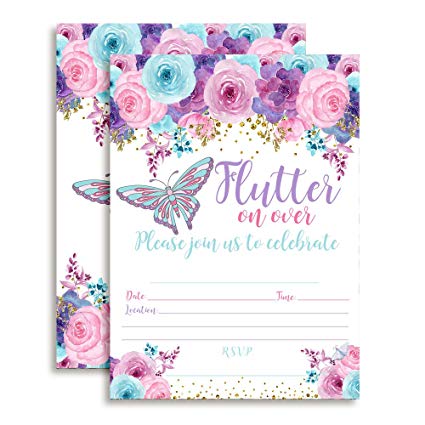425x425 Watercolor Floral Butterfly Birthday Party Fill In
