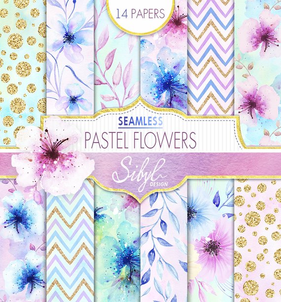 570x614 60% Off Sale Digital Watercolor Floral Paper Pastel Flowers Etsy