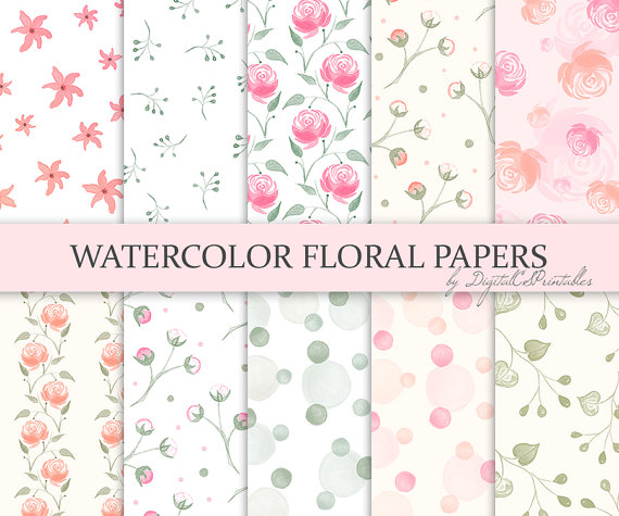 570x475 Watercolor Floral Digital Paper Watercolor Flowers Watercolor
