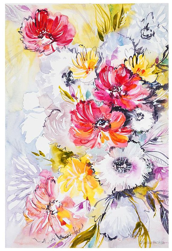 570x831 Watercolor Flowers Print, Red Yellow Flower Art, Abstract Floral