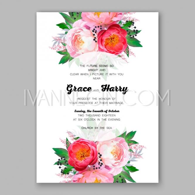 666x666 Peony Wedding Invitation Watercolor Floral Vector