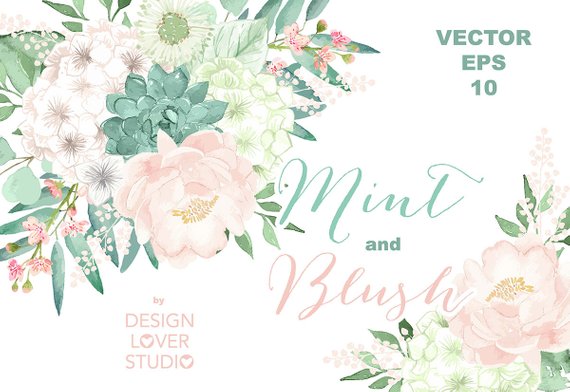 570x392 Vector Watercolor Mint And Blush Clipart Watercolor Flower Etsy