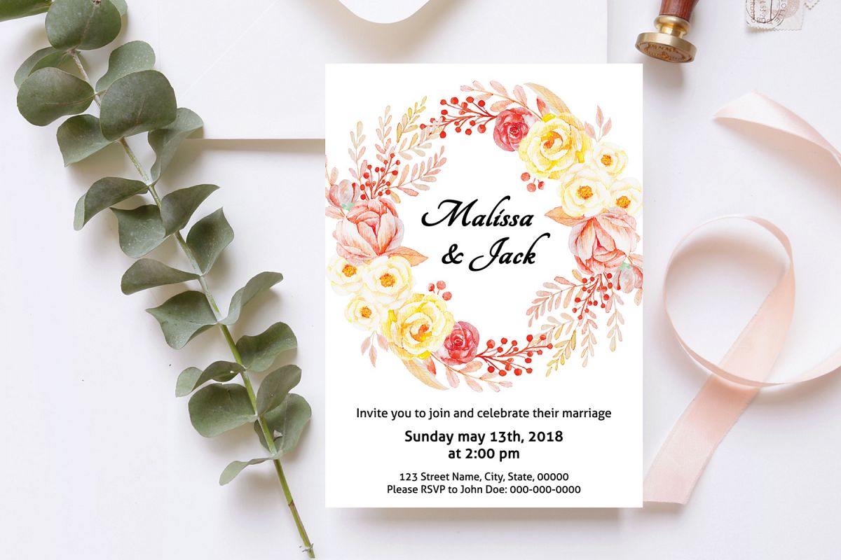 1200x800 Watercolor Floral Wedding Invitation Template