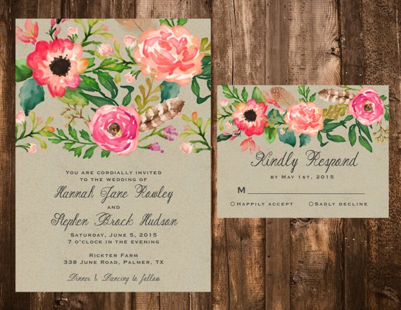 570x440 Watercolor Floral Wedding Invitations Floral Wedding Etsy