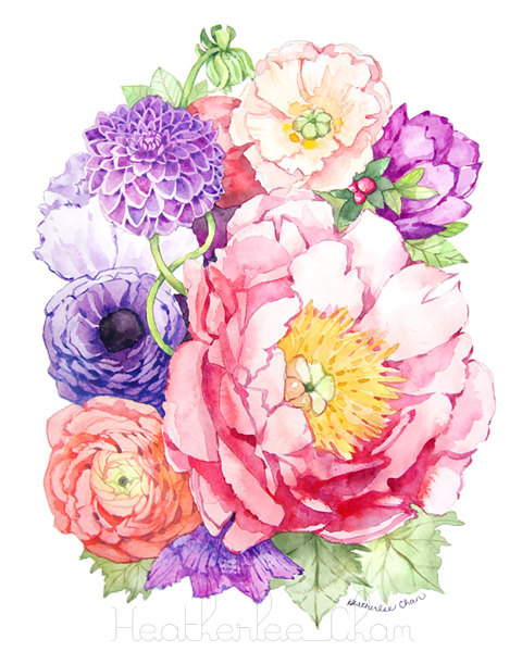 480x600 Watercolor Peony And Flowers Print Of Painting By Ladypoppins