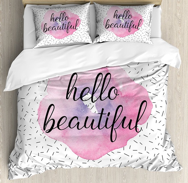 640x623 Hello Duvet Cover Set Inspiring Quote Watercolor Flower Pattern