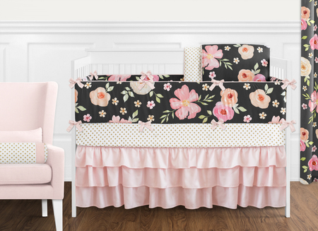 450x327 Watercolor Floral Black And Pink Crib Bedding Set