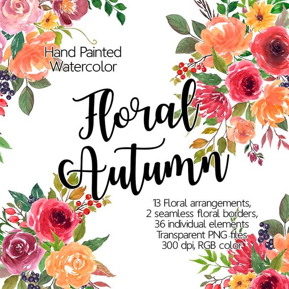 570x570 Watercolor Flower Clipart Autumn Printable Flowers Autumn Etsy