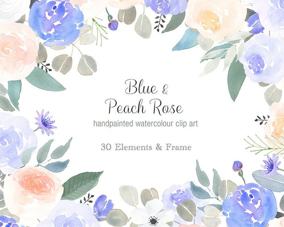 570x456 Watercolor Floral Clip Art Flower Border Blue Peach White Etsy
