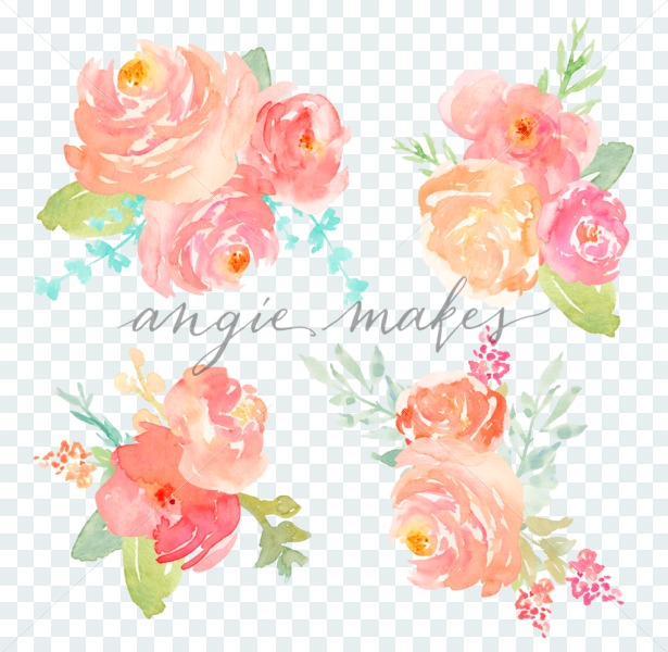 615x600 Pink Watercolor Flowers Bouquet With Hand Painted Watercolor