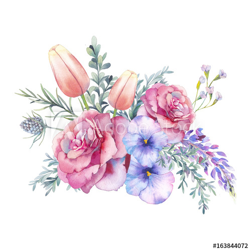 500x500 Watercolor Flowers Bouquet. Hand Painted Botanical Illustration