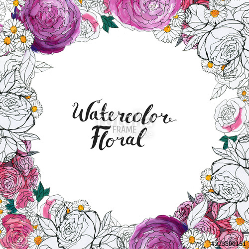 500x500 Watercolor Floral Background. Hand Painted Border Of Flowers