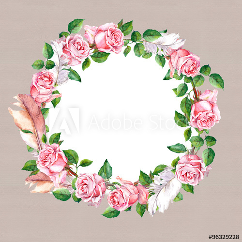 500x500 Rose Flower Wreath With Feathers. Floral Circle Border. Watercolor