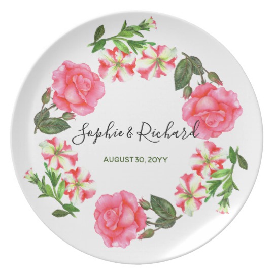540x540 Watercolor Pink Flowers Circle Wreath Design Dinner Plate