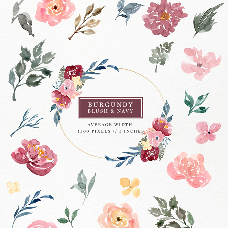 800x800 Burgundy Blush Navy Watercolor Flowers Clipart Set