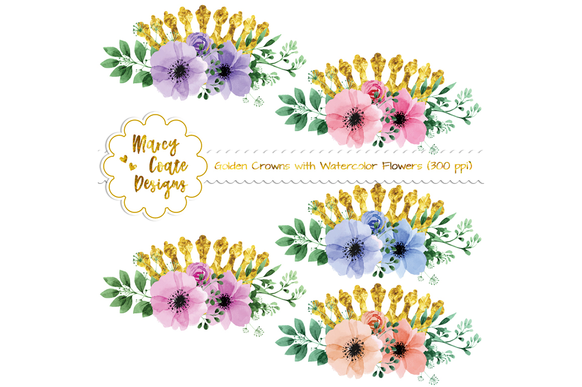 1160x772 Golden Crowns With Watercolor Flowers Png (300 Ppi) By Marcy Coate