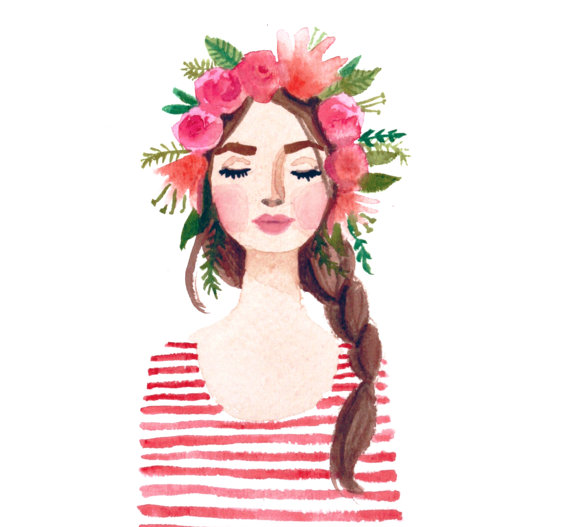 570x527 Print Of Flower Crown Girl Original Watercolor Painting. Pink Lips