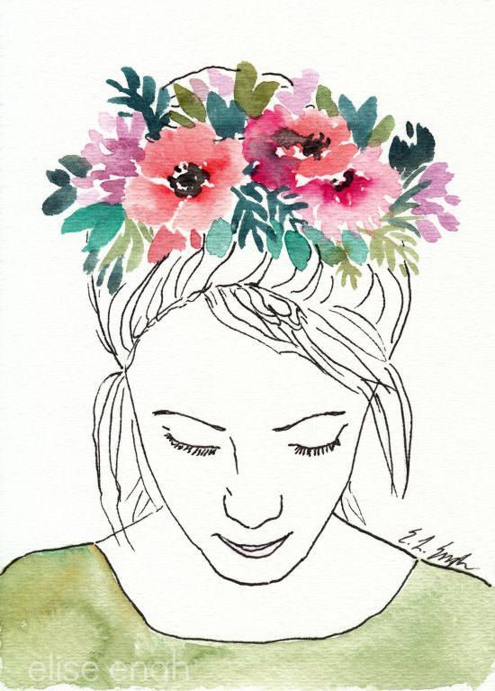 550x767 Watercolor Flower Crown, Original Painting, Flower Prayer, 5x7