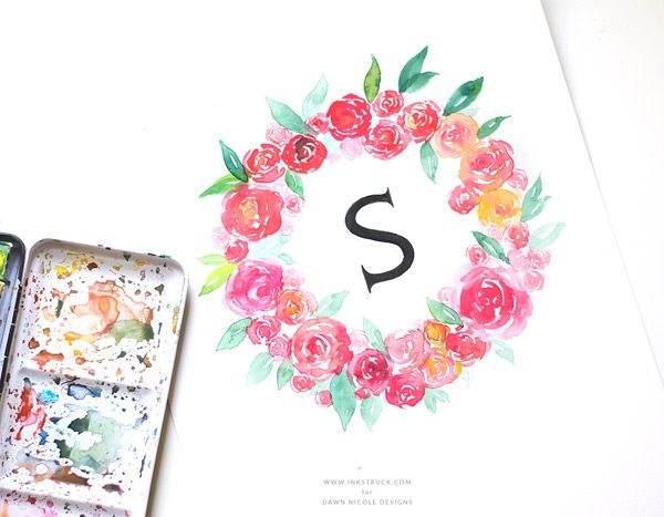 600x467 Watercolor Floral Wreath Monogram Dawn Nicole