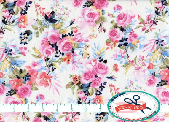 570x411 Watercolor Floral Fabric By The Yard, Fat Quarter Navy Blue Amp Pink