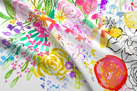 570x380 Watercolor Floral Fabric Botanical Sketchbook Large Scale Etsy