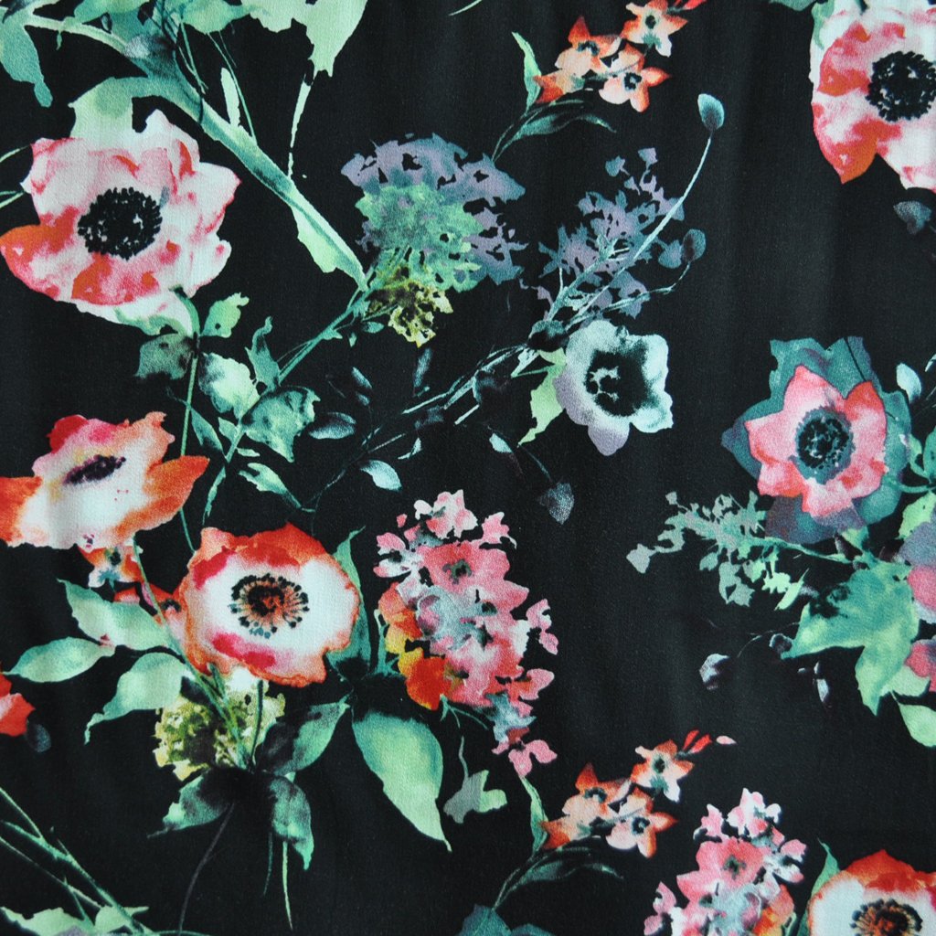 1024x1024 Watercolor Floral Rayon Shirting Black Style Maker Fabrics