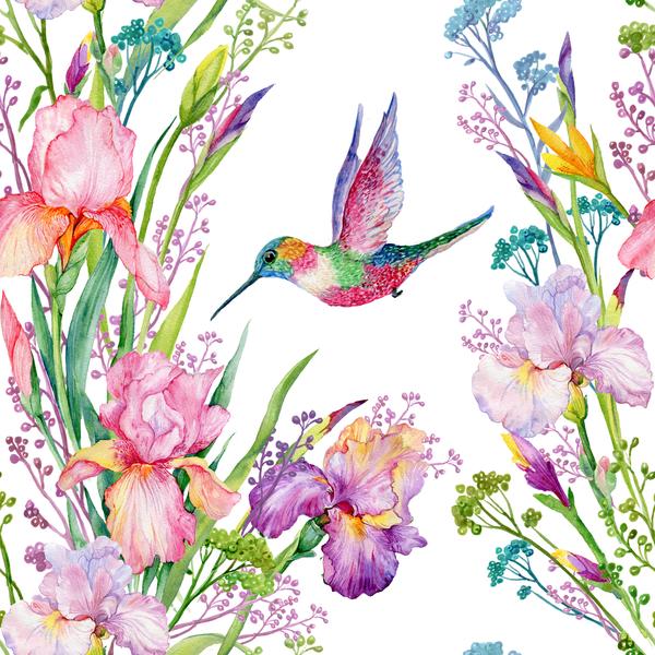 600x600 Flower Fabric, Bird Fabric, Watercolor Fabric, Humming Bird And