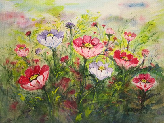 570x428 Flower Field Watercolor Print Watercolor Flowers Flower Etsy