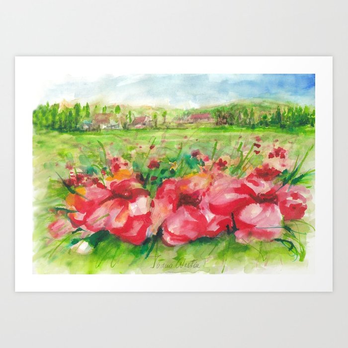 700x700 Red Flower Field Watercolors Art Print By Ivaw Society6